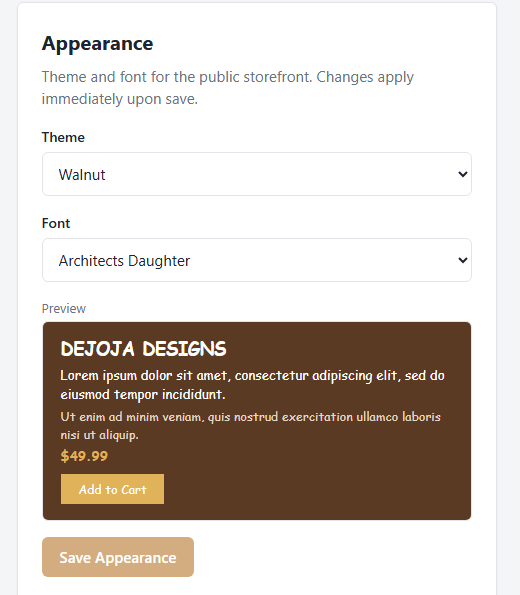 Appearance panel showing a theme and font picker with a live preview of the selected combination