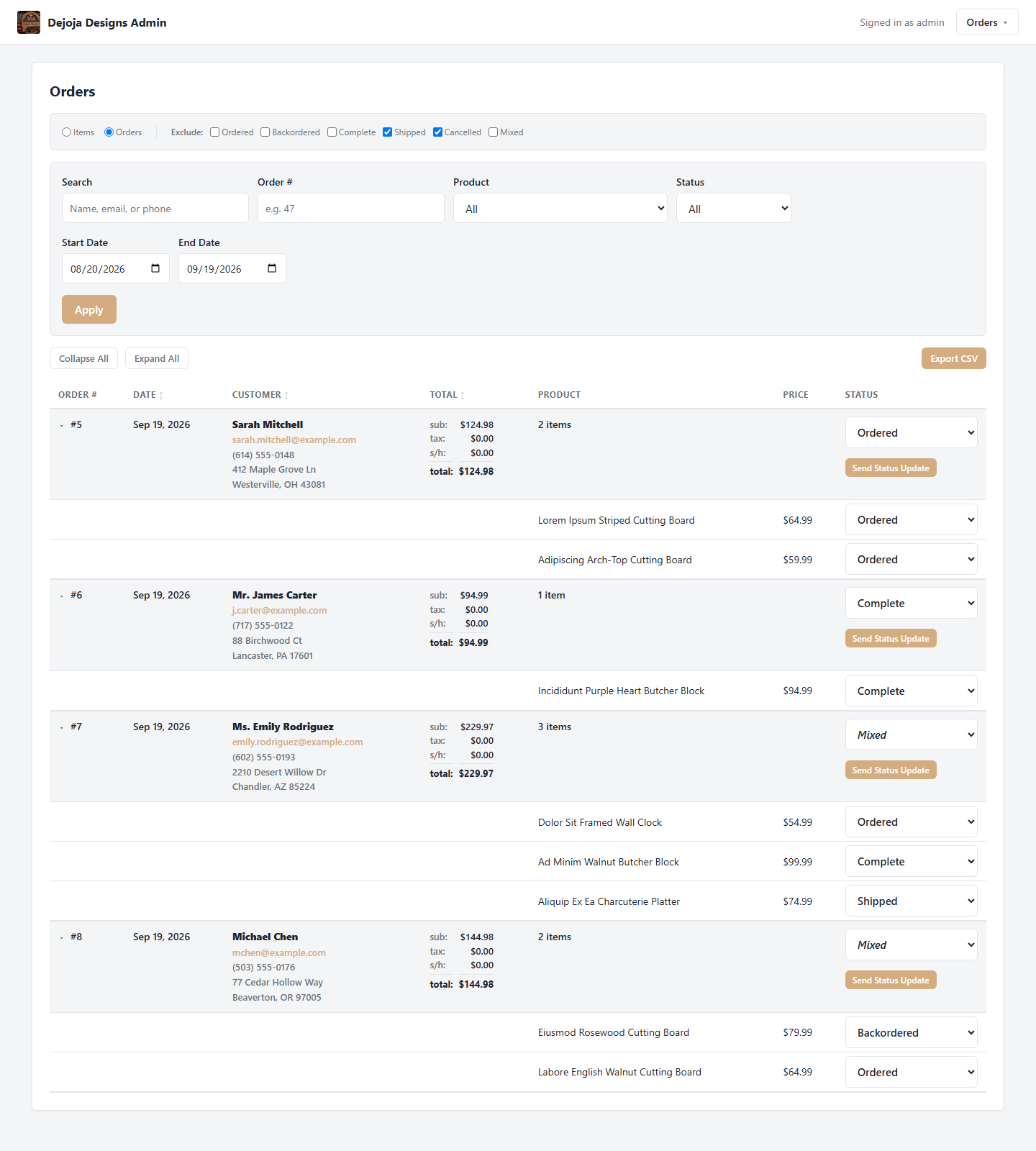 Orders module showing a grouped, filterable list of customer orders with per-item status controls