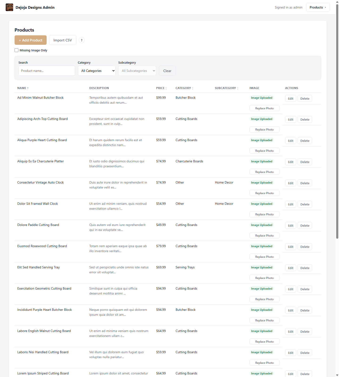 Products module showing the product catalog grid with search, filters, and image status