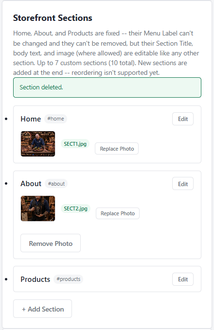 Storefront Sections panel showing the Home, About, and Products sections with editable images and an Add Section button