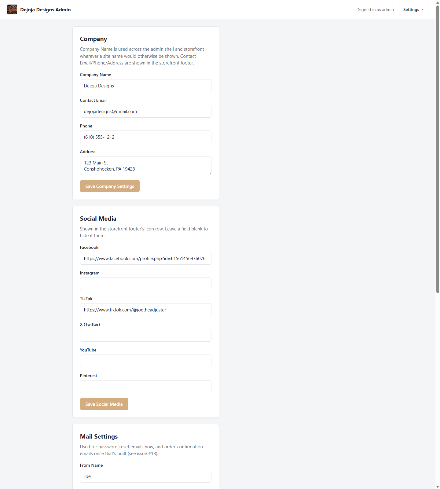Settings page showing editable company info, social media links, and mail settings