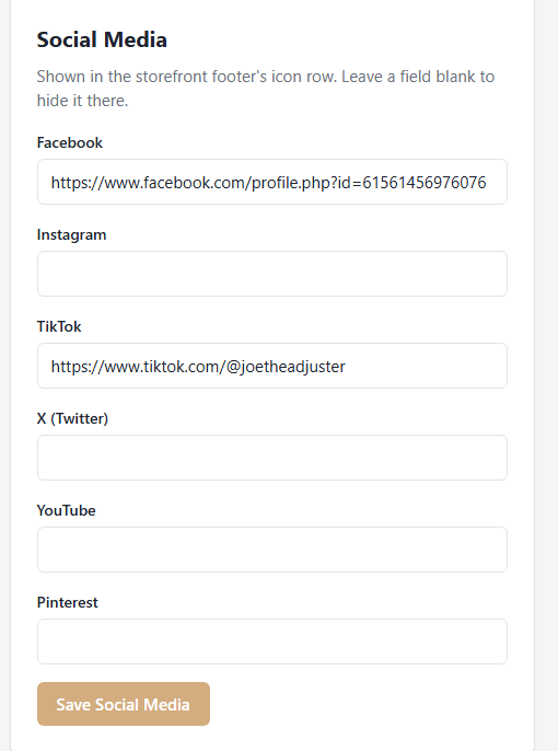 Social Media panel showing editable Facebook, Instagram, TikTok, and other profile links